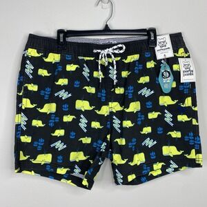 PARTY PANTS Men's Moby Swim Trunks Board Black Shorts Sz Medium Whale Boat Print